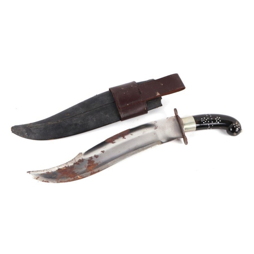 70 - A 20th century Indian Bhuj (Kutti) knife in its leather covered wooden scabbard. Blade length 29cms ... 