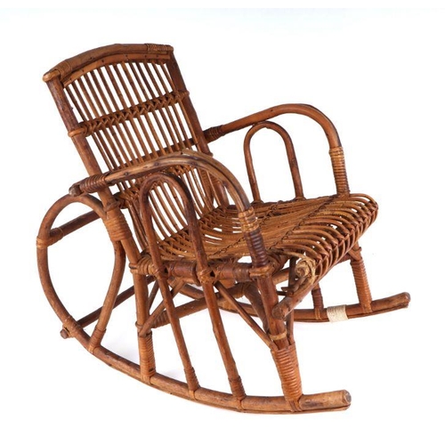 849 - A child's miniature bamboo rocking chair; together with a painted pine chest, 90cms wide, a push-alo... 