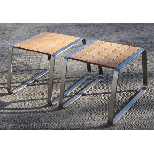 12E - A pair of  Indian Ocean design Plaza stainless steel and teak coffee tables 50cm wide (2)