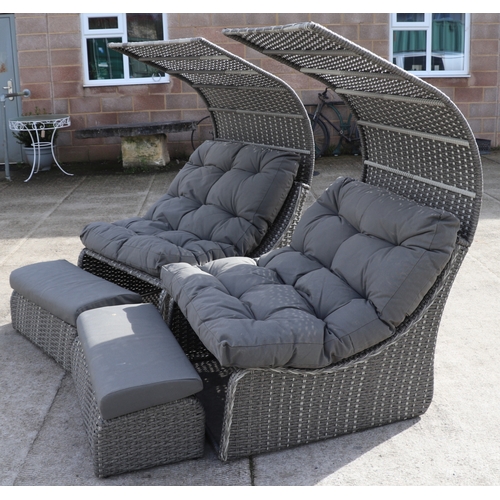 12N - A pair of Rehau All Weather Weave canopied garden chairs with matching footstools and cushions (2).