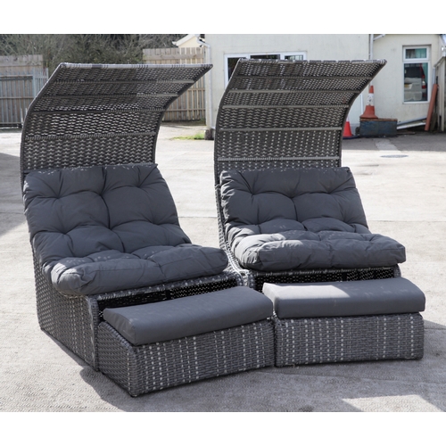 12N - A pair of Rehau All Weather Weave canopied garden chairs with matching footstools and cushions (2).