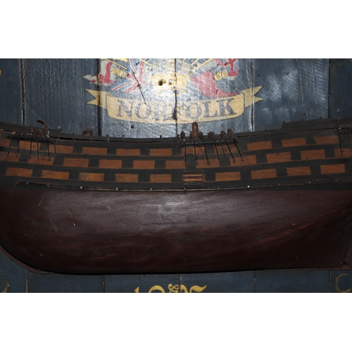 101 - Naval Interest:  A British naval folk art half block ship model depicting a Napoleonic battleship, f... 