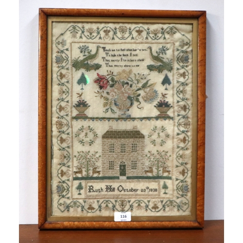 116 - A late Victorian sampler with verse, animals and building within a meandering border, by Ruth Hill, ... 