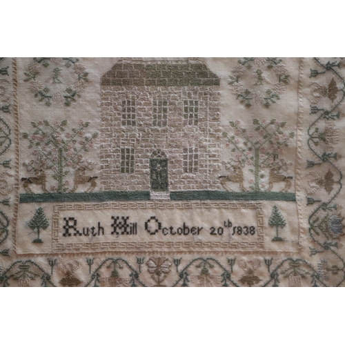 116 - A late Victorian sampler with verse, animals and building within a meandering border, by Ruth Hill, ... 