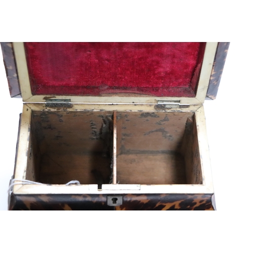 444 - A Regency tortoiseshell tea caddy with silver stringing, two-division department and bun feet, 17cms... 