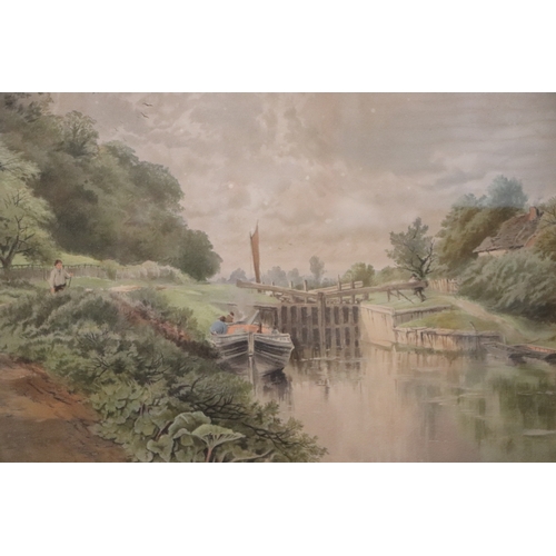 205 - Late 19th century British school - Canal Scene with a Lock, Narrowboat and Horse on the Towpath - wa... 