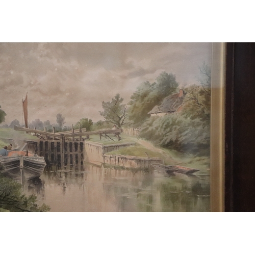 205 - Late 19th century British school - Canal Scene with a Lock, Narrowboat and Horse on the Towpath - wa... 