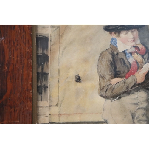 290 - 19th century school - Young Boy Leaning Against a Wall Reading a Note - watercolour, framed & glazed... 