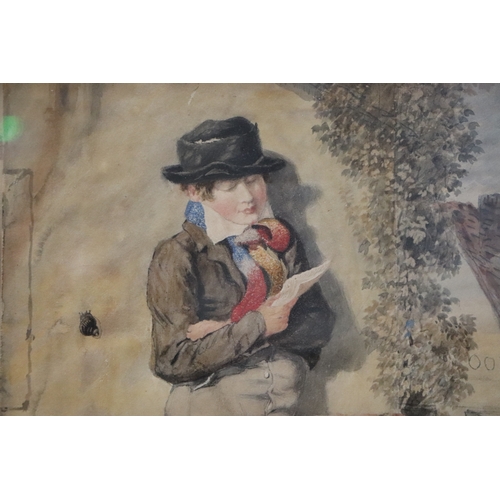 290 - 19th century school - Young Boy Leaning Against a Wall Reading a Note - watercolour, framed & glazed... 