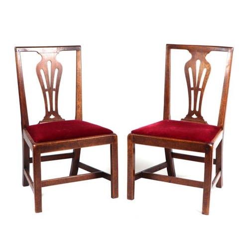 1054 - A pair of 19th century mahogany dining chairs with vase shaped pierced back splats, drop-in seats an... 