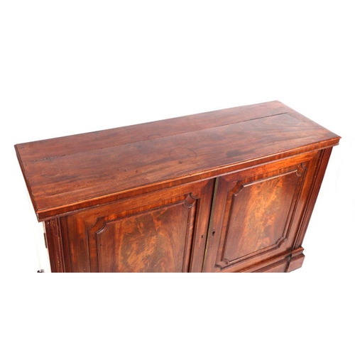 1068 - A 19th century mahogany side cabinet, the pair of panelled doors enclosing a shelved interior, on a ... 