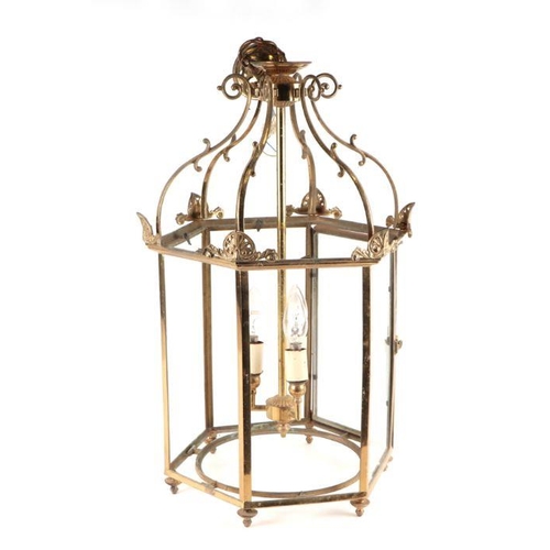 112 - A Victorian style gilt metal hexagonal hall lantern, lacks two panes of glass, approx 60cms high inc... 