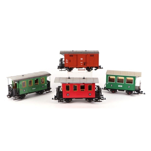 155 - A quantity of assorted 'G' gauge rolling stock to include wagons, tankers, open wagons and coaches.