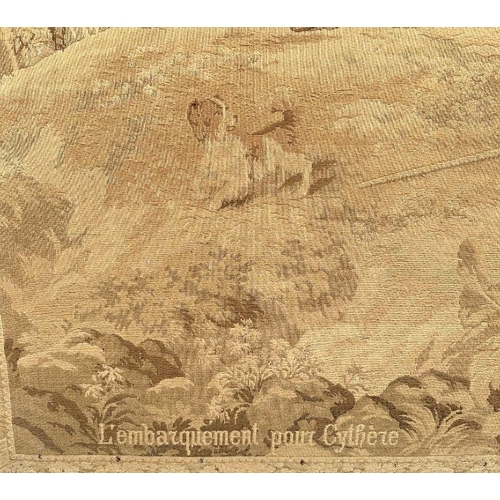 164 - A large continental tapestry panel depicting an 18th century scene L'embarquement pour Cythère', fra... 