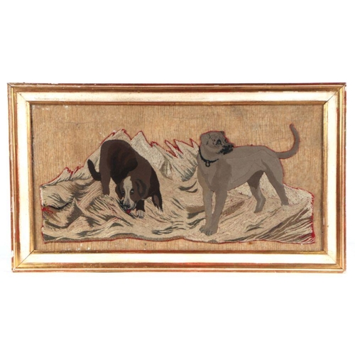 166 - A 19th century embroidered feltwork depicting two dogs standing in a stream, framed & glazed, 46... 