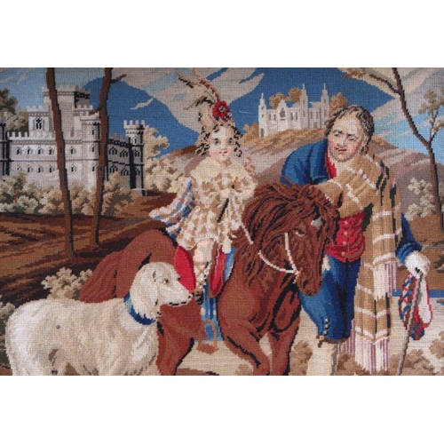 168 - A 19th century needlework picture depicting a young boy riding a horse with companion gentleman and ... 