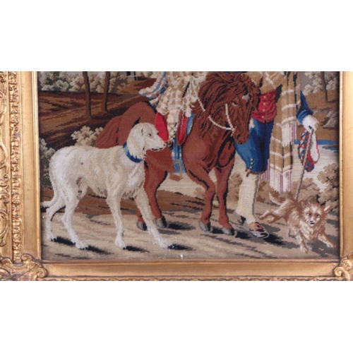 168 - A 19th century needlework picture depicting a young boy riding a horse with companion gentleman and ... 