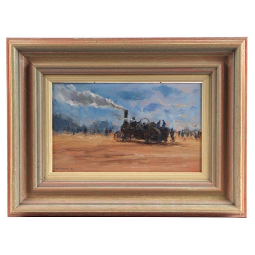 199 - John Osborne (modern British) - Steam Plowing Engine - signed & dated '99 lower left, oil on boa... 