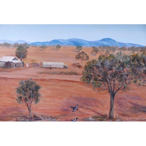 205 - E Stephens (Australian school) - Australian Outback Farm Landscape - signed lower left, oil on board... 