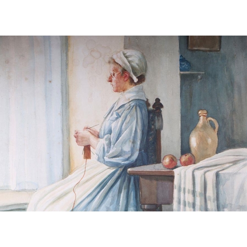 211 - Millie Asprey (1864-1924) - lady knitting - signed and dated 1915, watercolour, unframed. 50 by 71cm