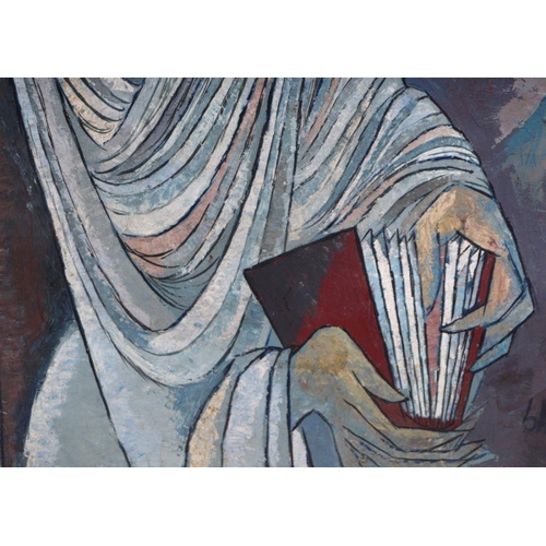 220 - 20th century study of a robed woman reading a book, bears signature 'SADEQUAIN' and dated '60, oil o... 