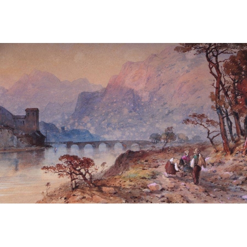 242 - 19th century continental school - Figures Beside a River with a Bridge in the Background - indistinc... 