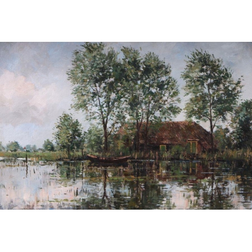 271 - Alexander van Noort (b1953) - Cottage Beside a Lake - signed lower left, oil on canvas, framed, 48 b... 