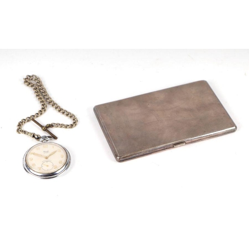 512 - A silver cigarette case, 198g; together with a nickle cased open faced pocket watch (2).