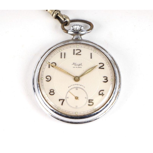 512 - A silver cigarette case, 198g; together with a nickle cased open faced pocket watch (2).