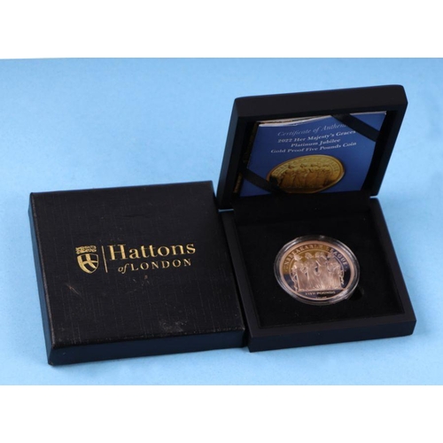 514 - An Elizabeth II 2022 Her Majesty's Graces Platinum Jubilee gold proof £5 coin, boxed.Condition Repor... 