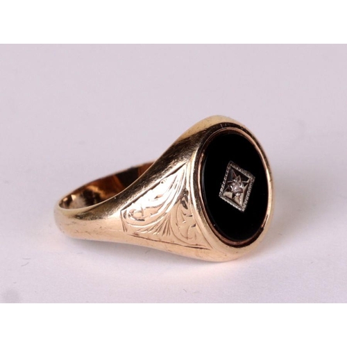 526 - A gentleman's 9ct gold and onyx and diamond signet ring, approx UK size 'V', 4.1g