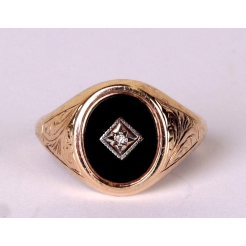 526 - A gentleman's 9ct gold and onyx and diamond signet ring, approx UK size 'V', 4.1g