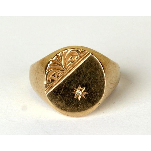 532 - A gentleman's 9ct gold diamond set signet ring, approx UK size 'V', 5g.