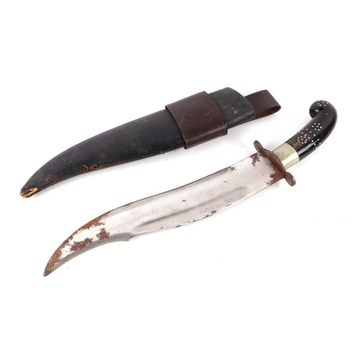 63 - A 20th century Indian Bhuj (Kutti) knife in its leather covered wooden scabbard. Blade length 29cms ... 