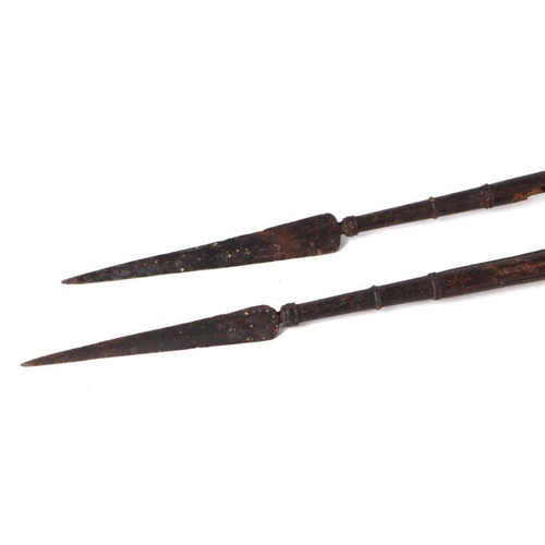 70 - A pair of 19th century spear or lance heads, both with long langet shaft straps (2).