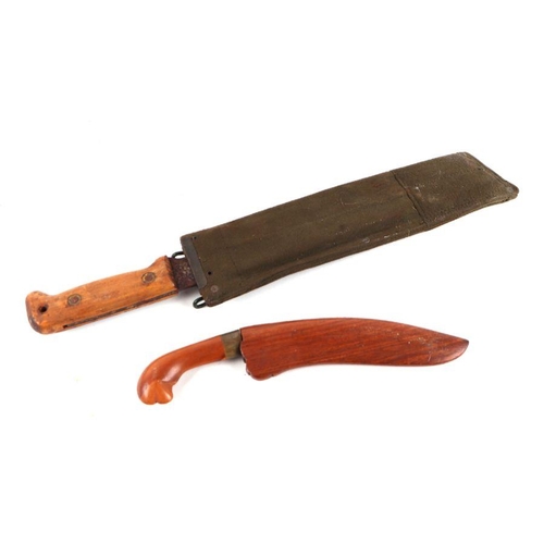 80 - A machete with wooden handle and canvas scabbard, stamped 'MECO 1978', 46cms long; together with ano... 