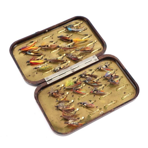 97 - A Hardy Bros 'Neroda' Bakelite fly tin containing a selection of salmon fishing flies.