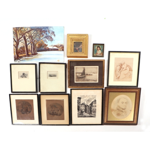 200 - A mixed lot of watercolours, oils and engravings.