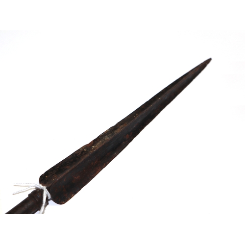 70 - A pair of 19th century spear or lance heads, both with long langet shaft straps (2).