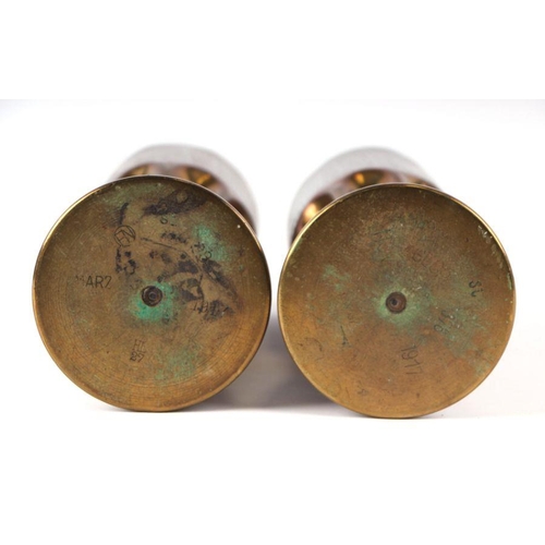 110 - A pair of WWI trench art brass shell cases (March 1917) modelled in the form of a pair of waisted va... 