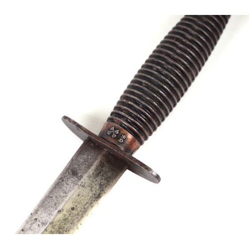 113 - A Fairbairn Sykes style fighting knife with leather scabbard, 30cms long.