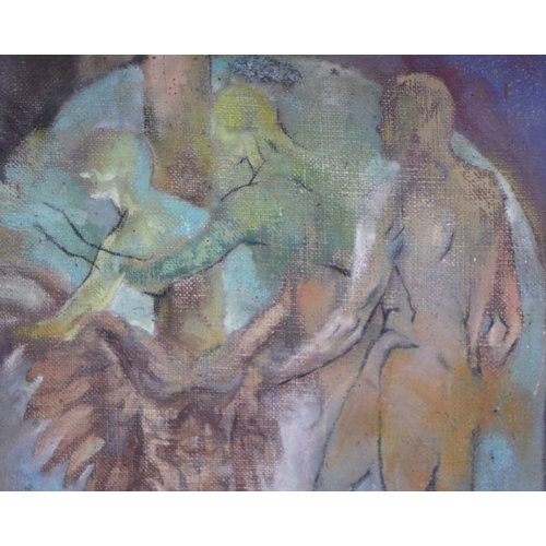 149 - Surrealist school - An Angel Kneeling Before Figures - oil on canvas, framed, 23 by 29cms.