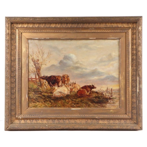 156 - Victorian school - Cattle Grazing Beside a River - oil on canvas, framed, 40 by 30cms.