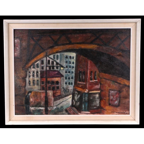 157 - M Edwards - Industrial Street Scene Viewed Through the Arch of a Bridge - oil on board, signed &... 