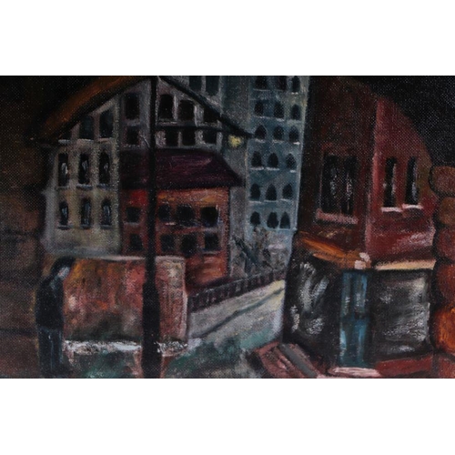 157 - M Edwards - Industrial Street Scene Viewed Through the Arch of a Bridge - oil on board, signed &... 