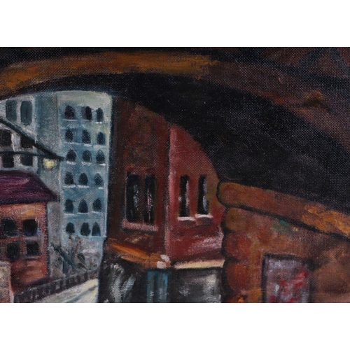 157 - M Edwards - Industrial Street Scene Viewed Through the Arch of a Bridge - oil on board, signed &... 