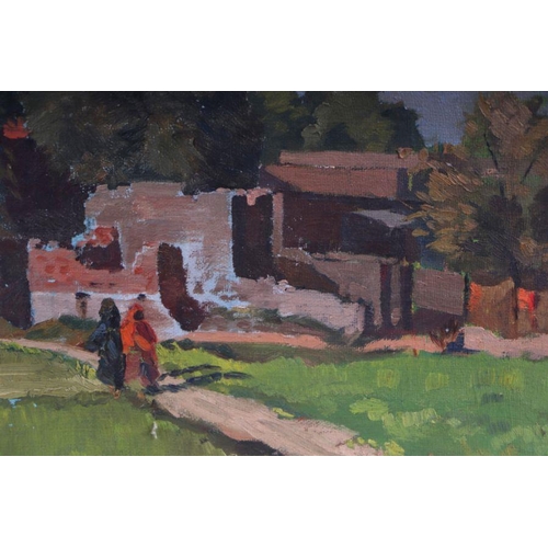 158 - North African school - Figures on a path - oil on board, unframed, 29 by 19.5cms.