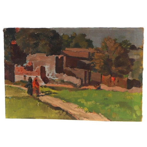 158 - North African school - Figures on a path - oil on board, unframed, 29 by 19.5cms.