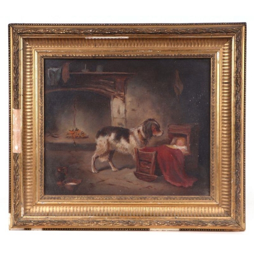 162 - 19th century school - Study of a Dog Watching over a Baby in a Crib - oil on canvas, framed, 30 by 2... 