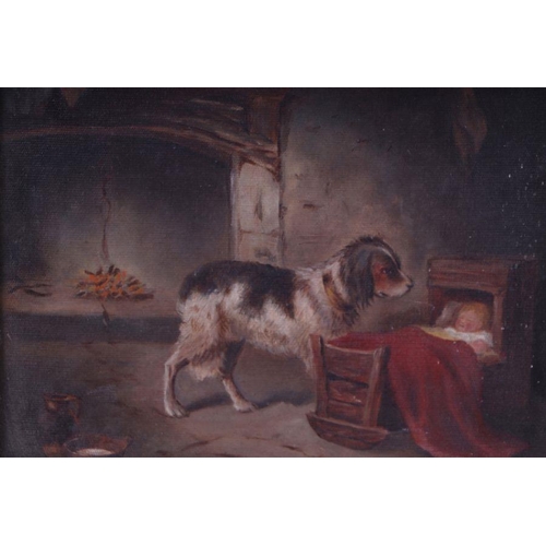 162 - 19th century school - Study of a Dog Watching over a Baby in a Crib - oil on canvas, framed, 30 by 2... 